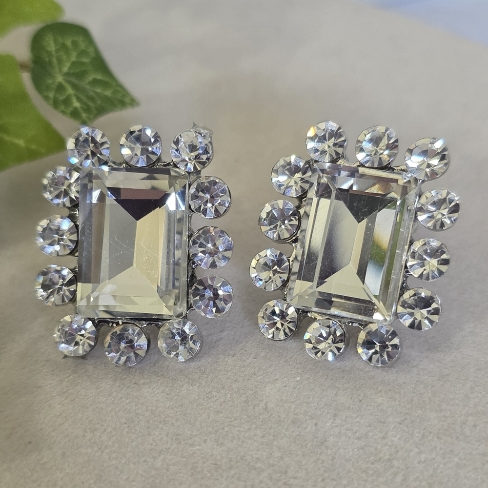 Silver Rectangle Glam Cubic Zirconia Clip On Earrings